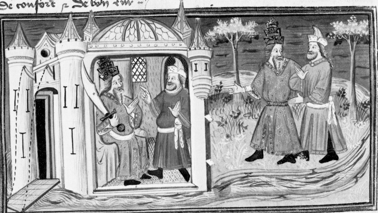 Decameron, Melchisedek vertelt Saladin de parabel van de drie ringen; de twee mannen worden vrienden. Eerste dag, kort verhaal 3. door Giovanni Boccaccio