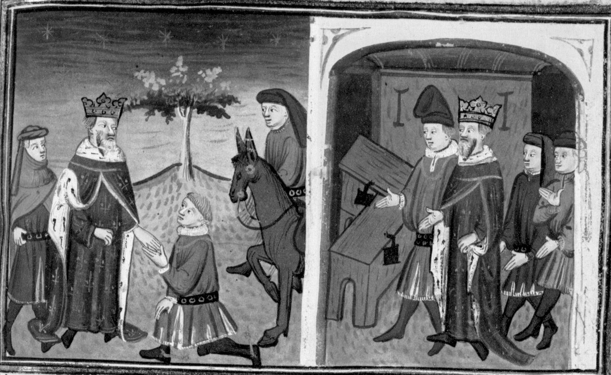 Decameron, Ruggieri verlaat koning Alfonso; de koning nodigt Ruggieri uit om te kiezen tussen twee kisten. Tiende dag, kort verhaal 1 door Giovanni Boccaccio