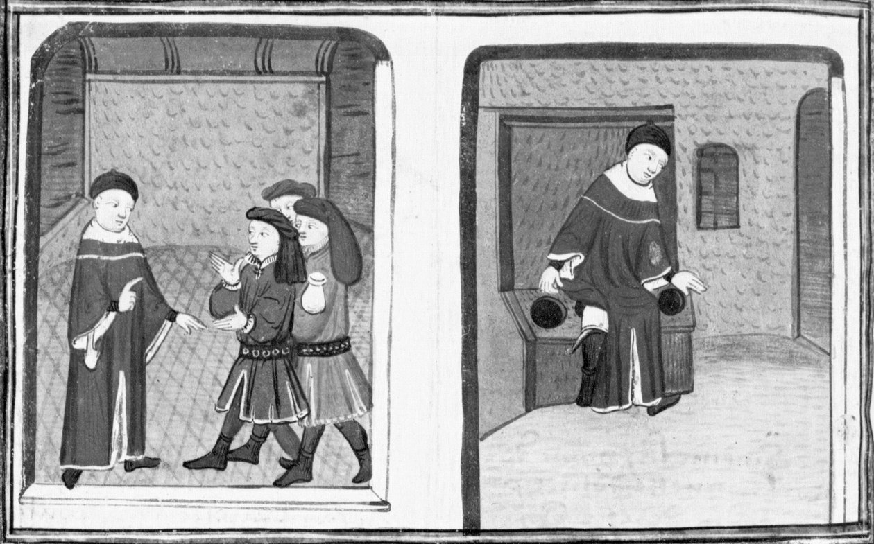 Decameron, Simone da Villa praat met Bruno en Buffalmacco; de meester valt in een latrine. Dag acht, nieuwsbericht 9 door Giovanni Boccaccio