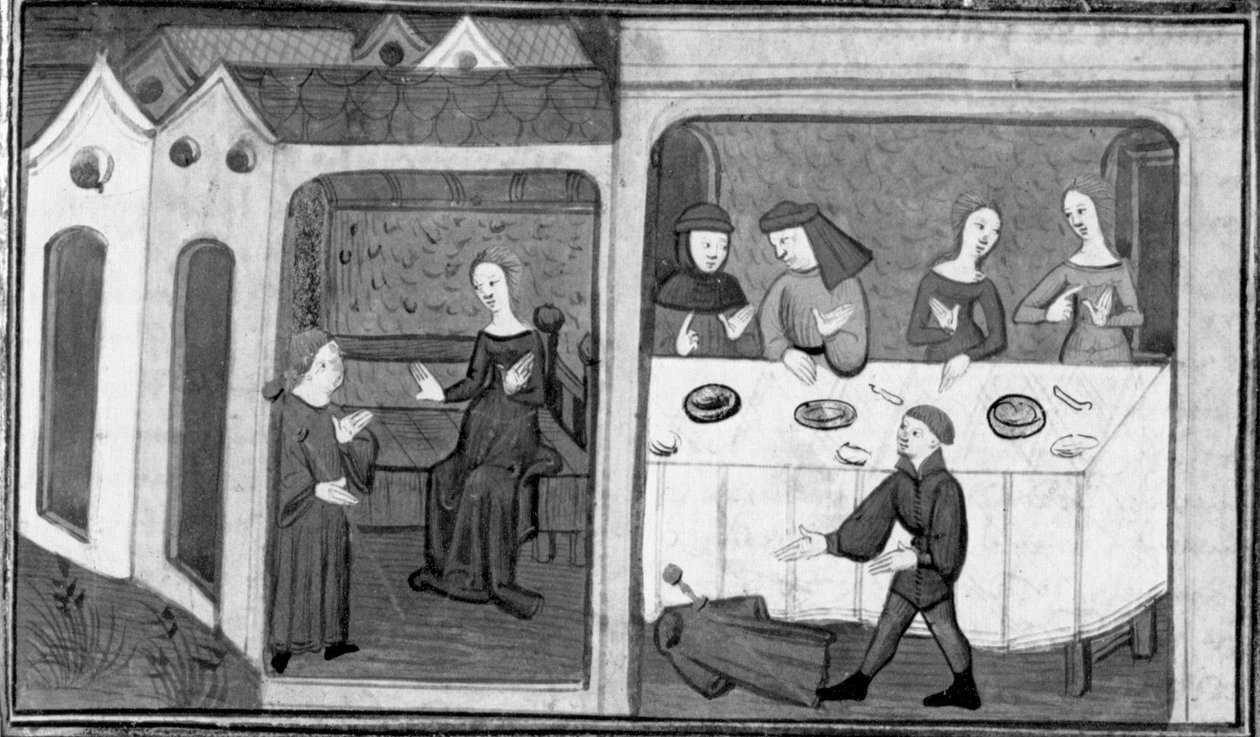 Decameron, Tedaldo spreekt met Ermeline; Tedaldo onthult zijn identiteit. Derde dag, nieuws 7 door Giovanni Boccaccio