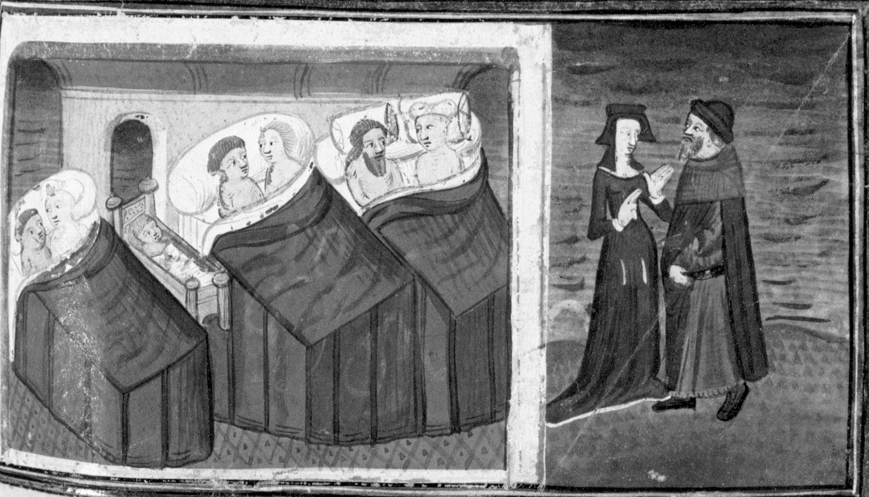 Decameron, Drie stellen slapen in een kamer; de herbergier praat met zijn vrouw. Negende dag, kort verhaal 6 door Giovanni Boccaccio