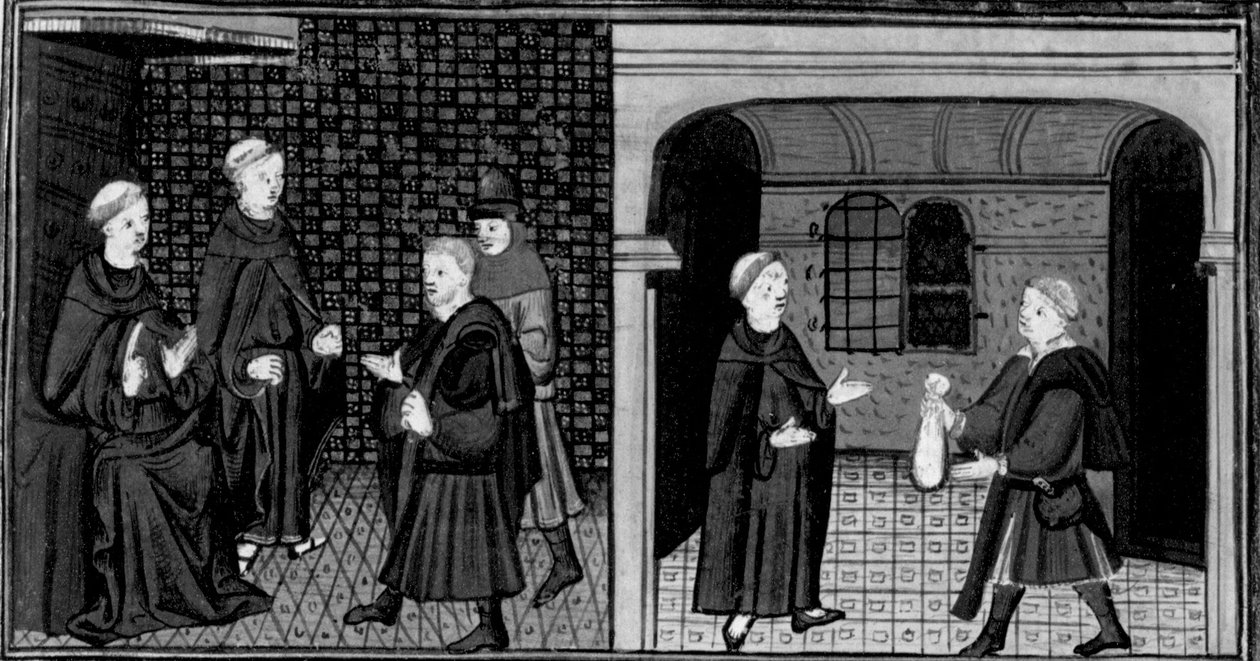 Decameron, Een inquisiteur ondervraagt een man; de man geeft de inquisiteur geld. Eerste dag, nieuws 6. door Giovanni Boccaccio