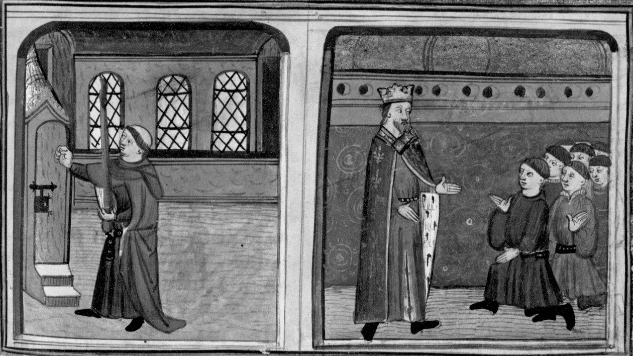 Decameron, Een stalknecht klopt aan bij de koningin vermomd als de koning; de koning confronteert zijn bedienden. Derde dag, kort verhaal 2 door Giovanni Boccaccio