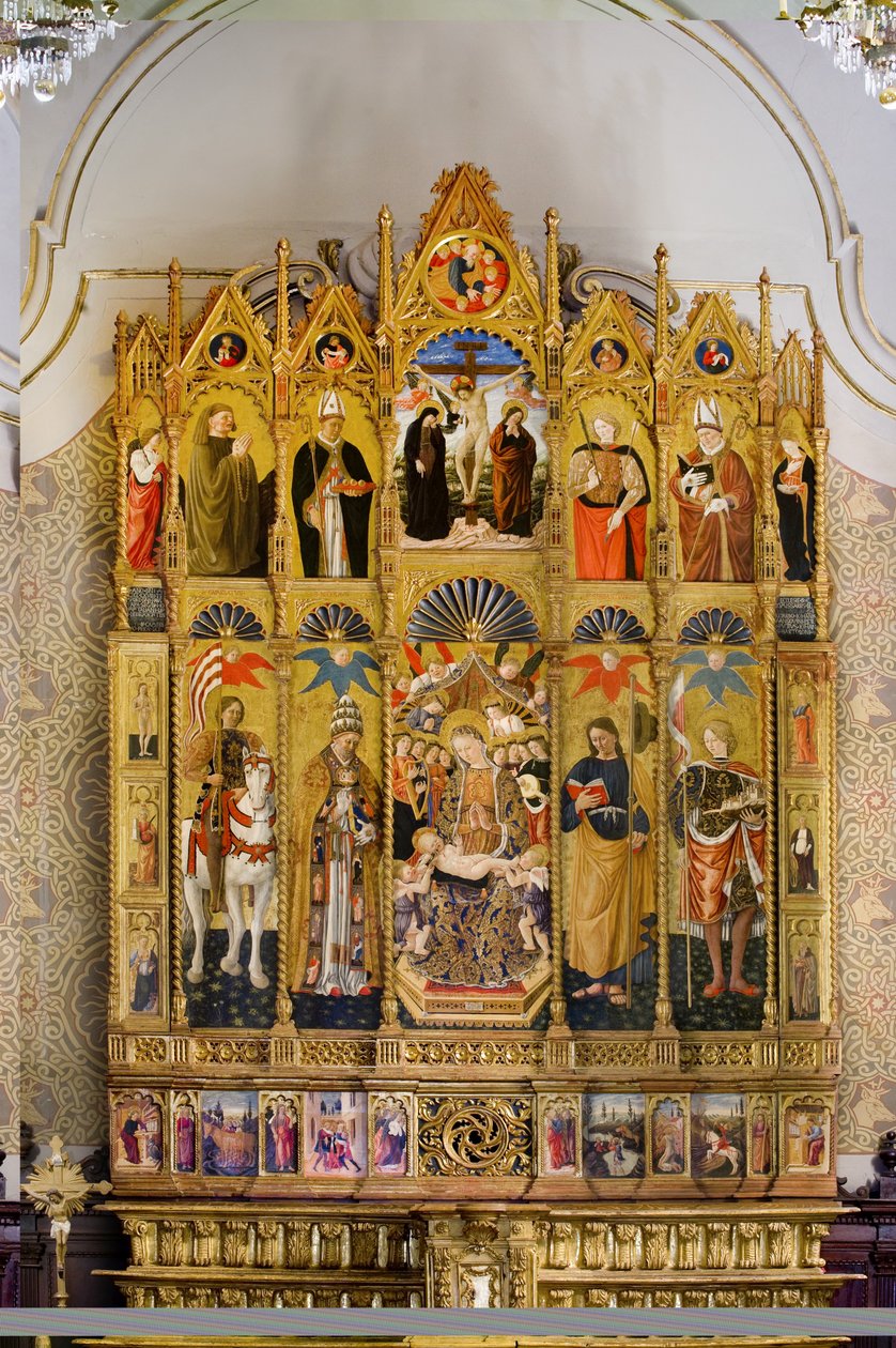 Polyptiek met tronende Madonna met Kind tussen Sint Eustatius, Sint Pieter, Sint Jacobus de Meerdere, Sint Venantius, Beato Guardato, Sint Nicolaas van Bari, kruisiging van Christus, Sint Sebastiaan en Sint Eleutherius, Verhalen uit het leven van Sint Eu door Giovanni Boccati or Boccatto