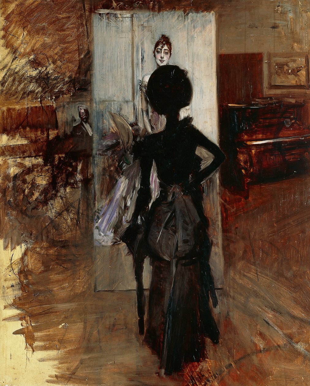 Dame in het atelier van schilder tegenover Witte Pastel door Giovanni Boldini