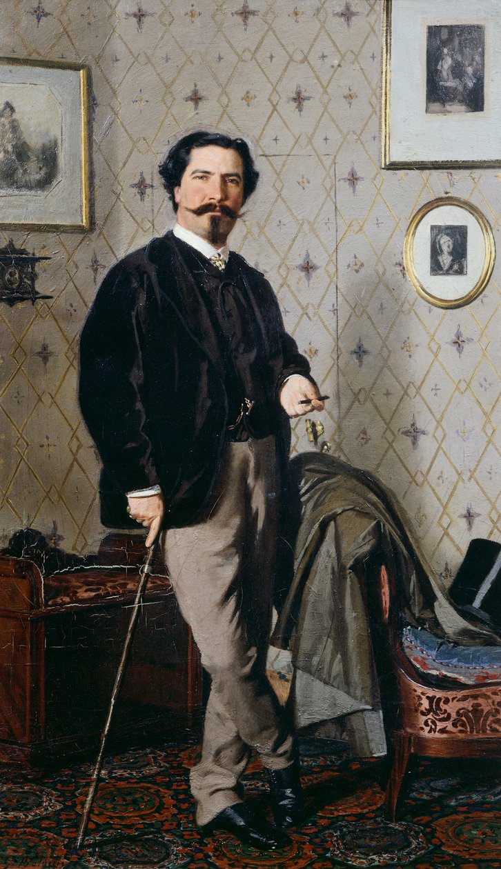 Portret van Cristiano Banti met zijn wandelstok door Giovanni Boldini