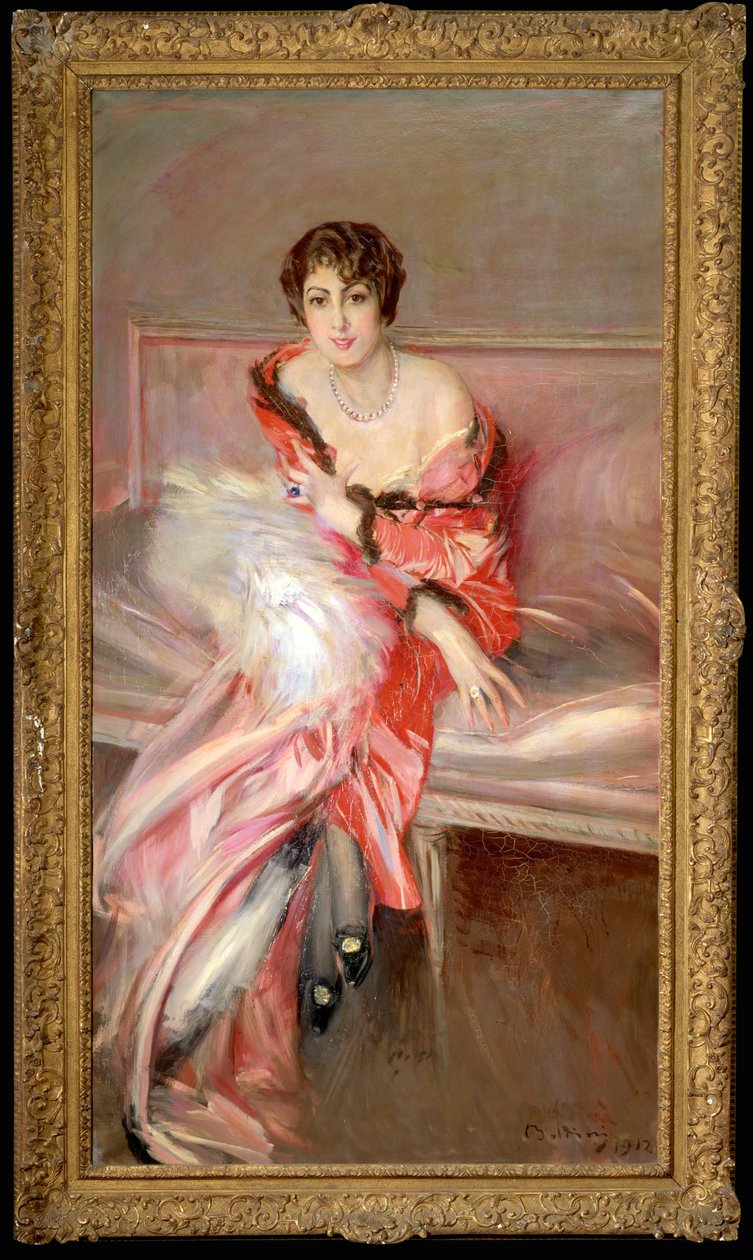 Yung vrouw in roze in het schildersatelier ... (schilderij op doek) door Giovanni Boldini
