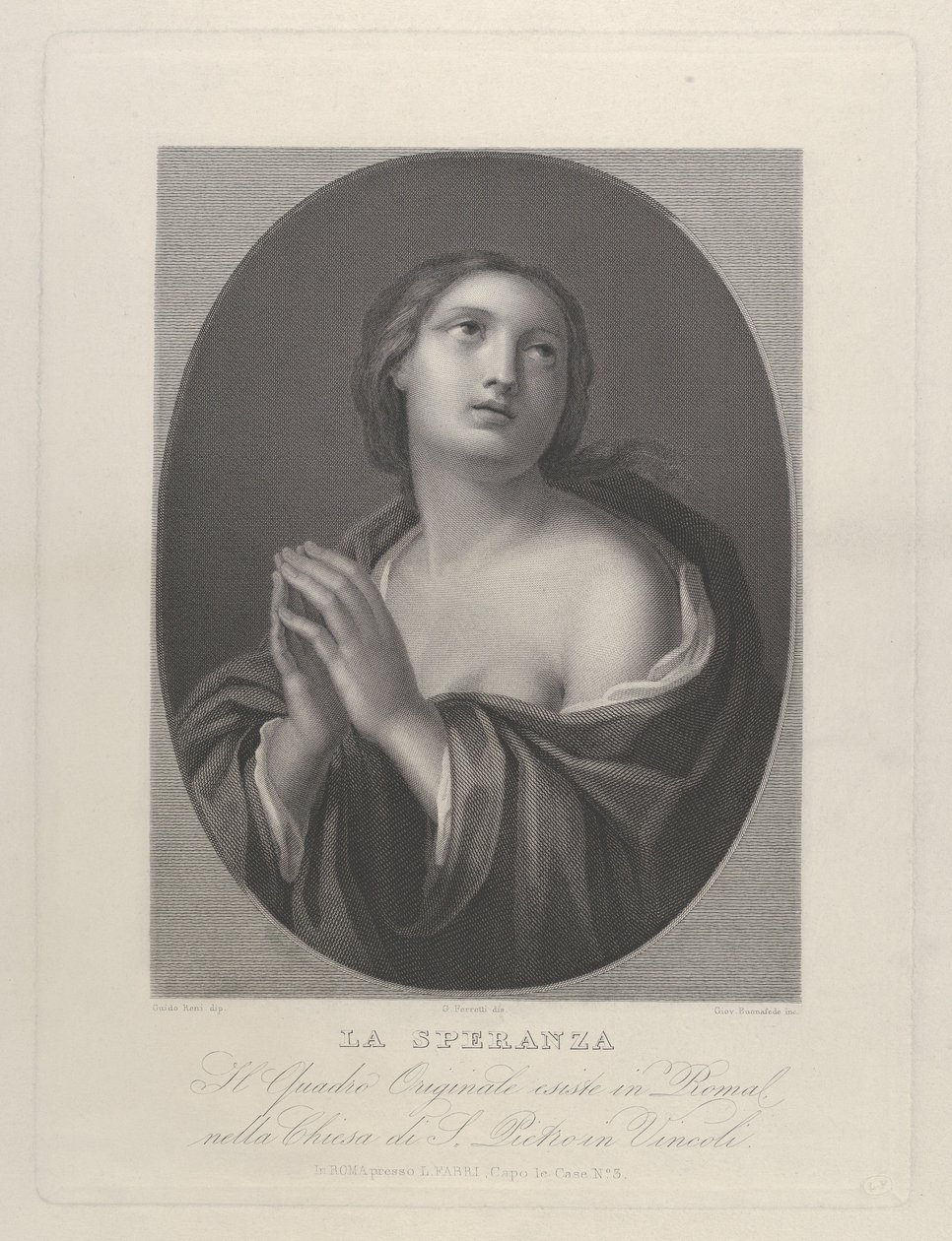 Vrouwelijke personificatie van Hoop die omhoog kijkt met samengevouwen handen, ca. 1835-81 door Giovanni Buonafede