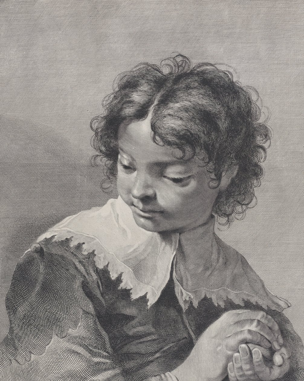 Jongen met een kanten kraag die een stuk fruit in zijn handen houdt door Giovanni Cattini