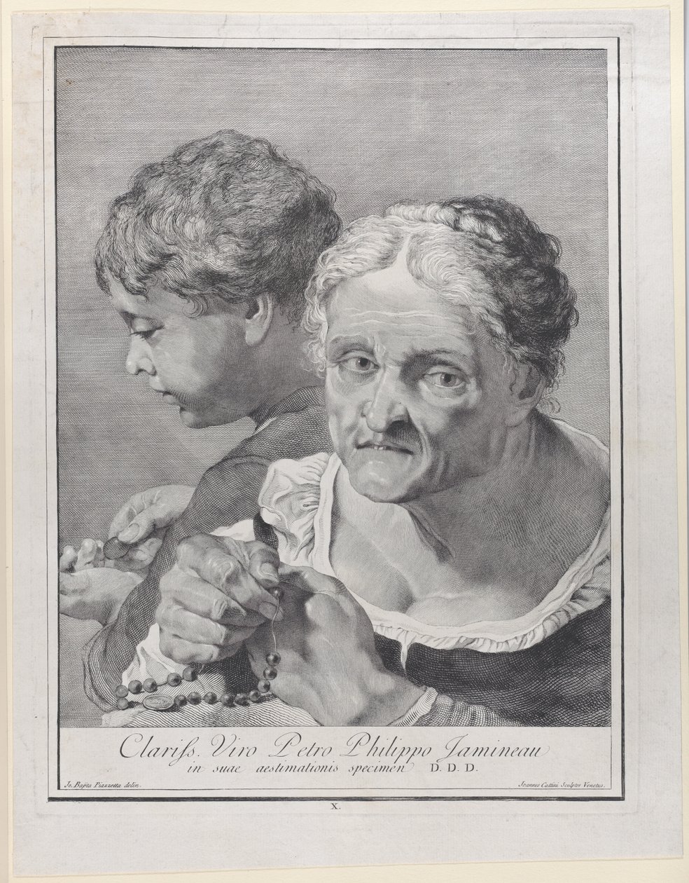 Oude vrouw met een rozenkrans en een jongen die munten telt, 1743 door Giovanni Cattini