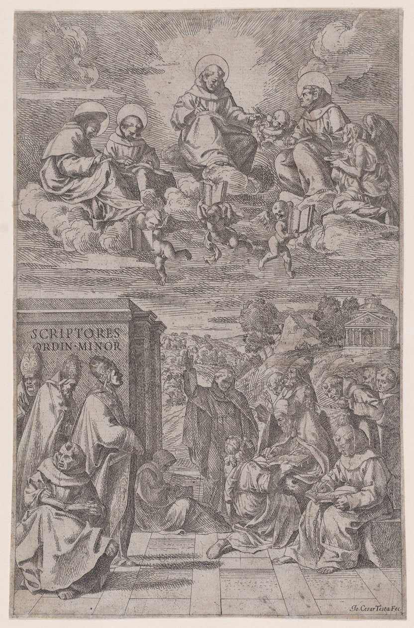 Geestelijken in een landschap schrijven, anderen in het hemelse rijk boven, ca. 1650 door Giovanni Cesare Testa