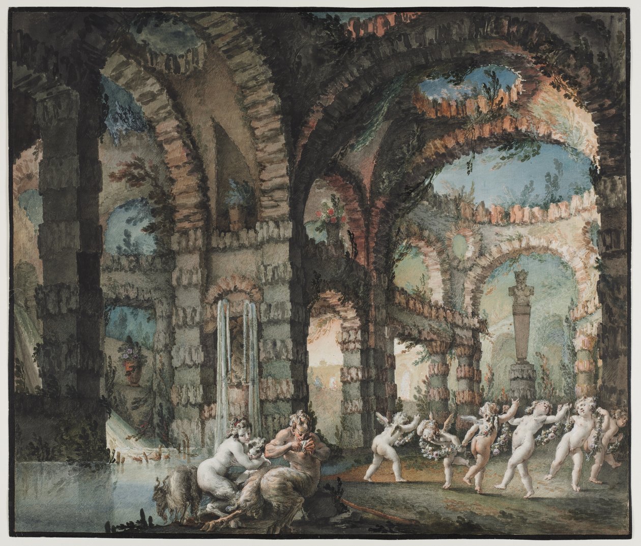Familie van saters met dansende cherubijnen, ca. 1775-76 door Giovanni David