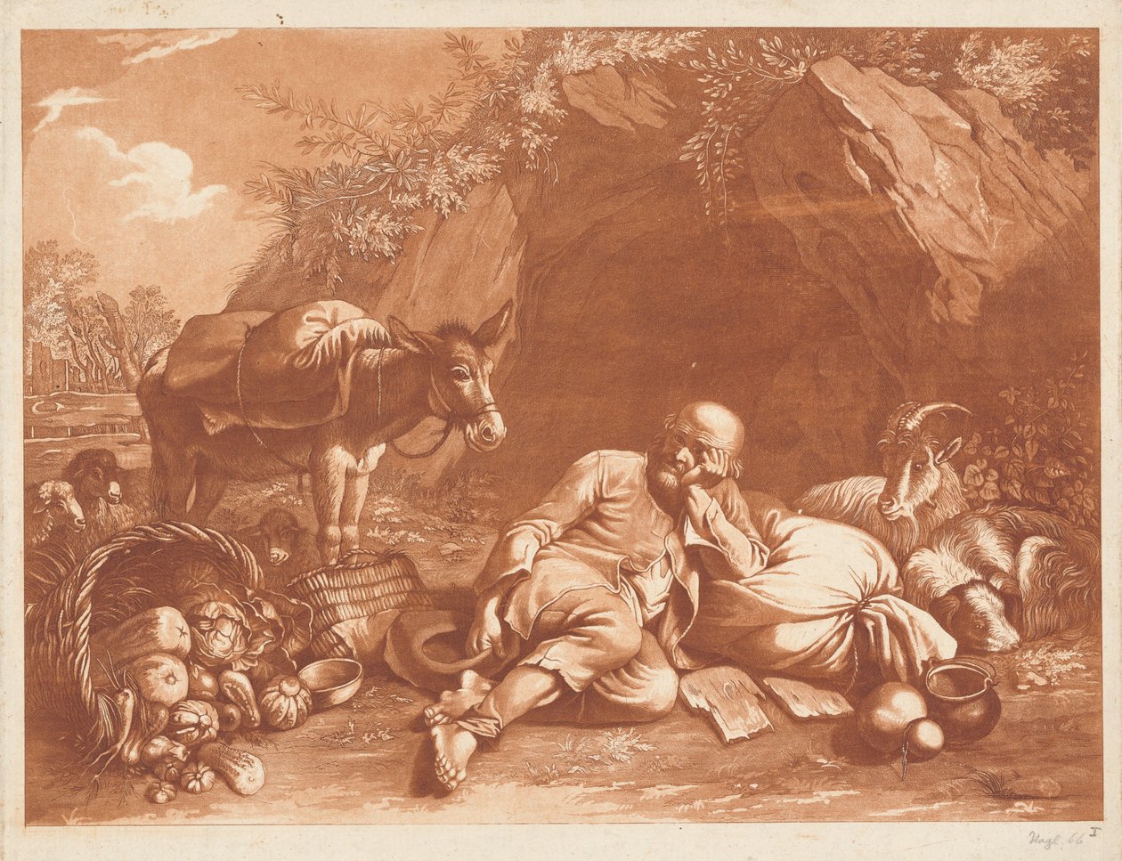 Een oude man leunend op een zak door Giovanni De Pian after Francesco Londonio