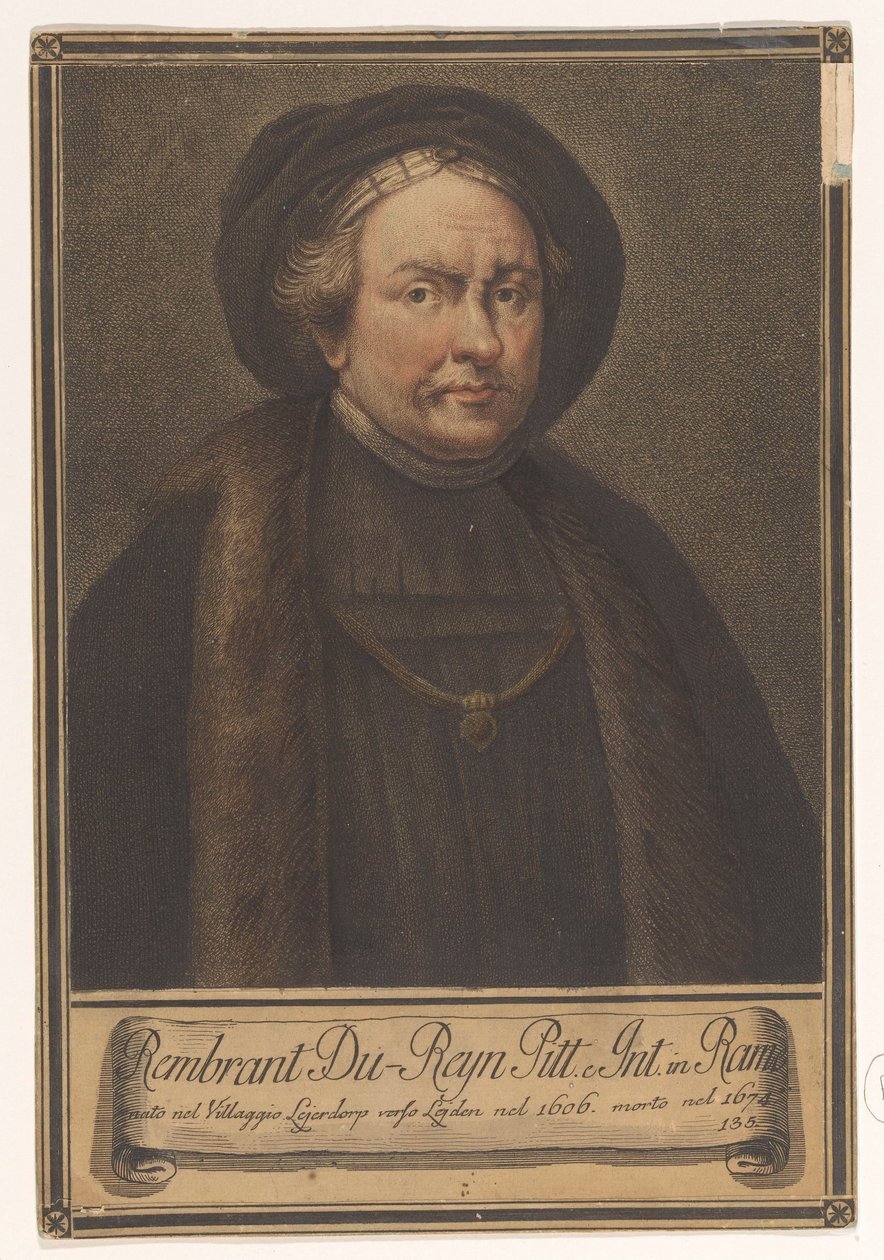 Portret van kunstenaar Rembrandt Harmensz. van Rijn door Giovanni Domenico Campiglia