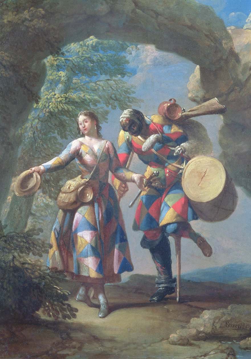 Een Harlekijn Terugkerend van de Oorlog door Giovanni Domenico Ferretti