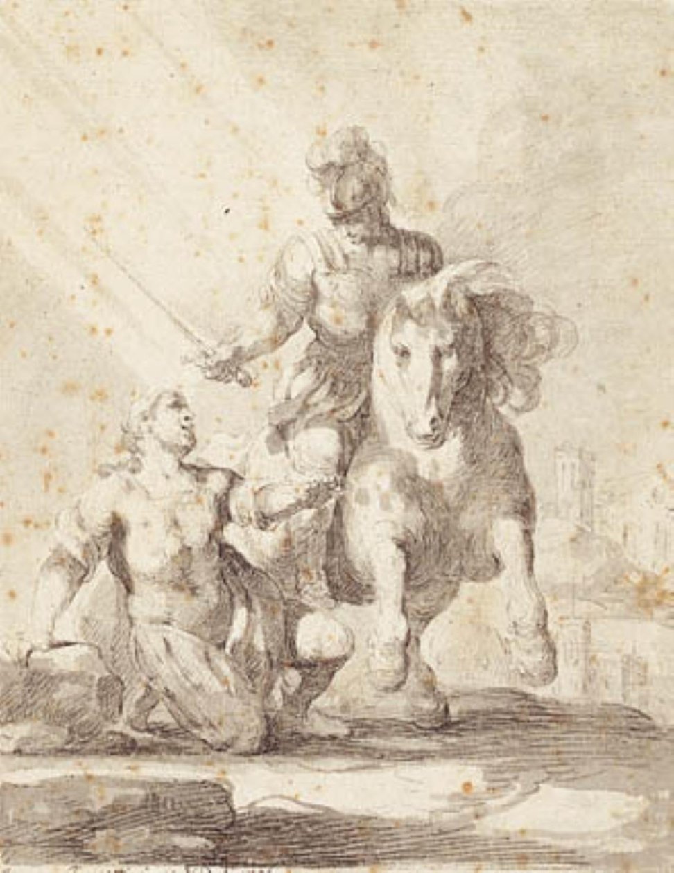 Soldaat in antieke kleding zwaaiend met een zwaard over een knielende soldaat door Giovanni Domenico Ferretti