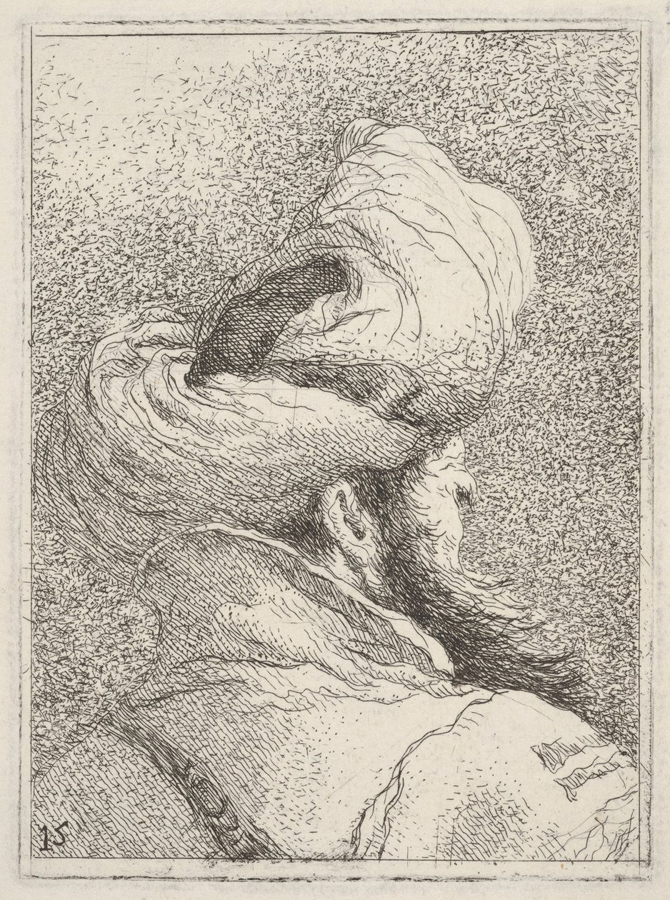 Bebaarde man met tulband, als borststuk van achteren in driekwartaanzicht afgebeeld, uit "Verzameling van hoofden" (Raccolta di teste) door Giovanni Domenico Tiepolo