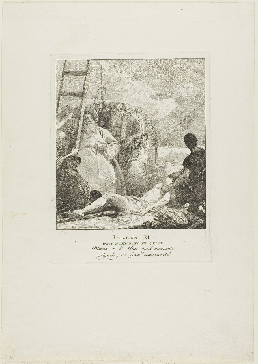 Christus is aan het kruis genageld, plaat elf uit Kruiswegstaties door Giovanni Domenico Tiepolo