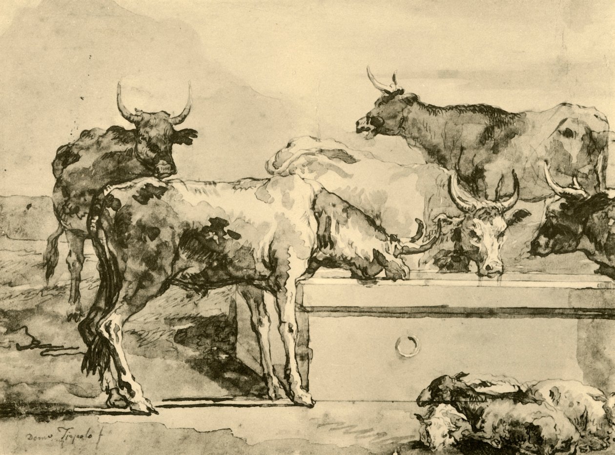 Koeien aan het water, midden-late 18e eeuw, 1928 door Giovanni Domenico Tiepolo