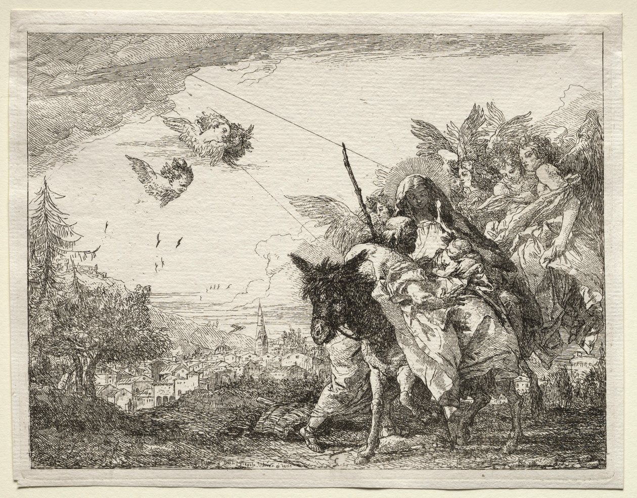 Vlucht naar Egypte: Jozef pauzeert om naar het kind Christus te kijken door Giovanni Domenico Tiepolo