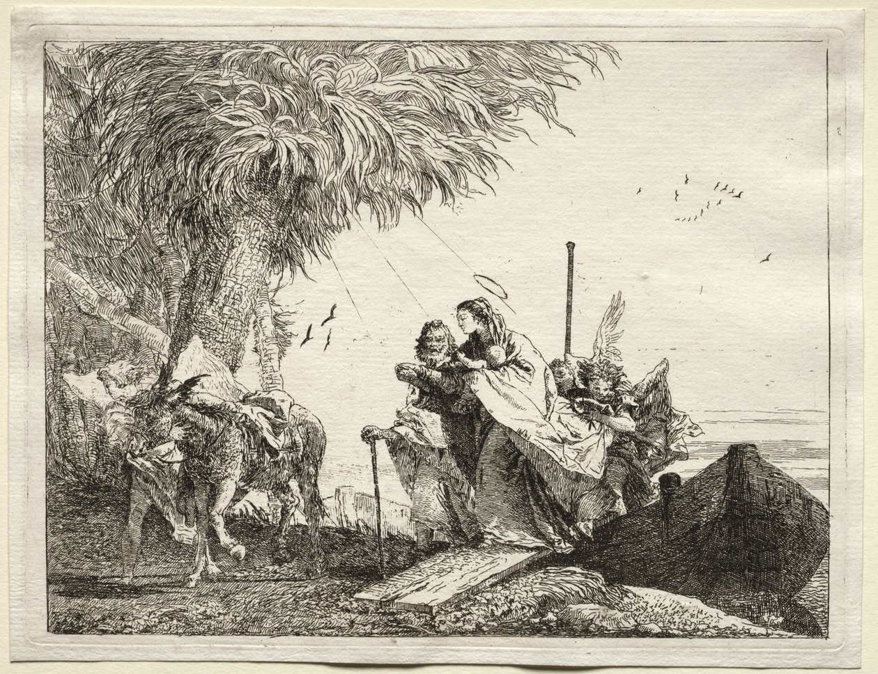 Vlucht naar Egypte: De Heilige Familie, Aanmeren door Giovanni Domenico Tiepolo