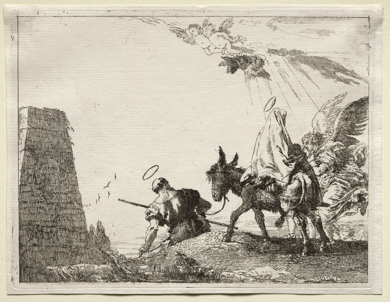 Vlucht naar Egypte: De Heilige Familie Voorbij een Piramide door Giovanni Domenico Tiepolo
