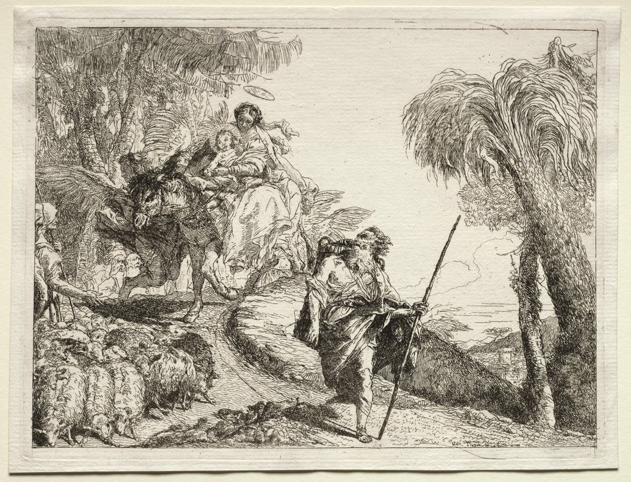 Vlucht naar Egypte: De Heilige Familie en de kudde schapen door Giovanni Domenico Tiepolo
