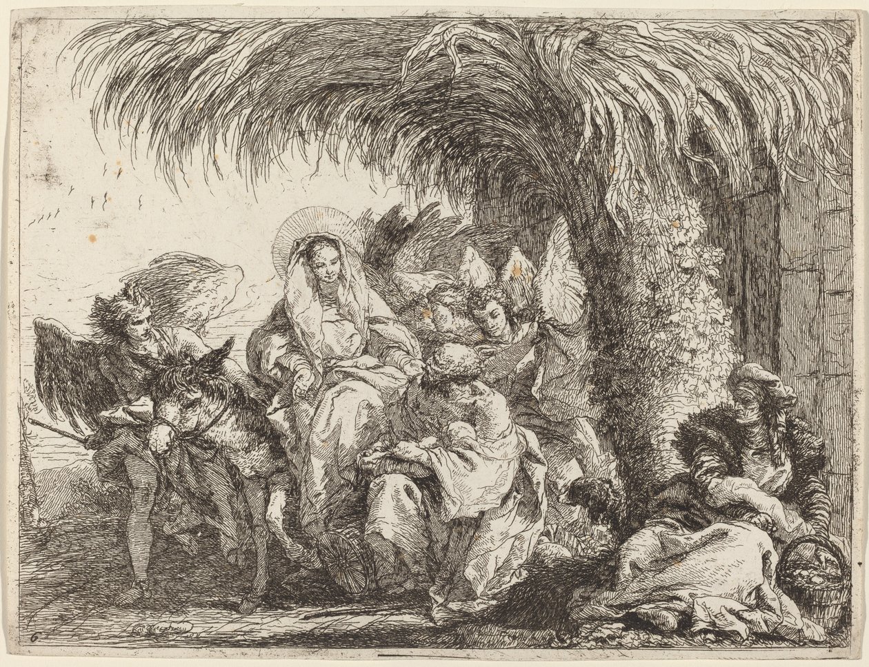 Jozef Knielt met het Kind voor Maria op de Ezel door Giovanni Domenico Tiepolo