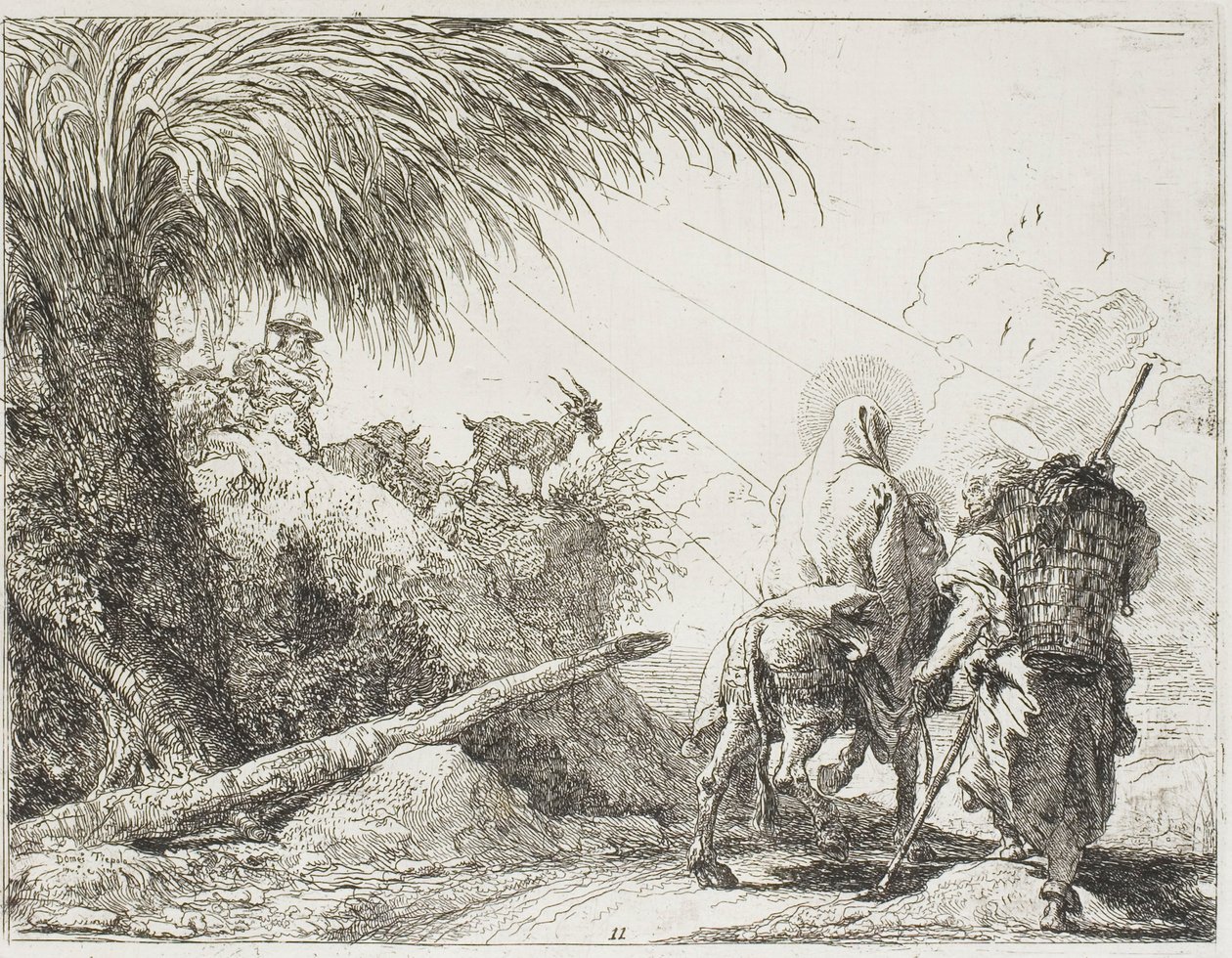 Jozef en Maria passeren een herder en zijn kudde, plaat elf uit De vlucht naar Egypte door Giovanni Domenico Tiepolo