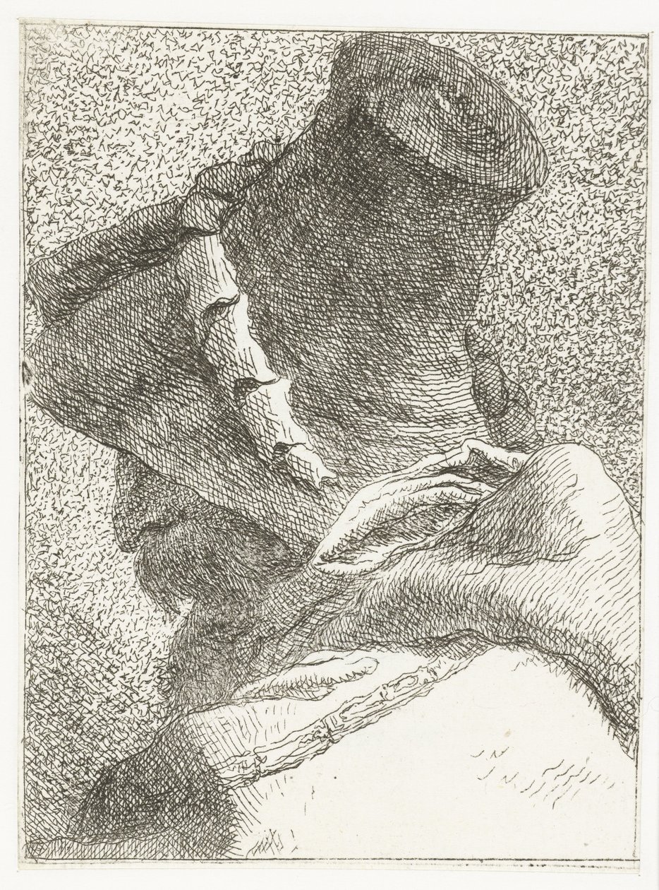 Man met afgewend hoofd met hoed door Giovanni Domenico Tiepolo