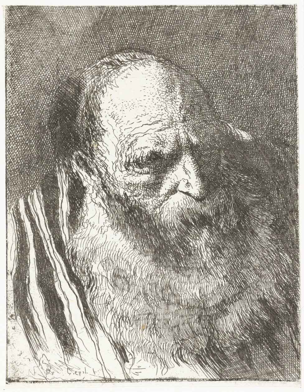 Man met baard in gestreepte mantel door Giovanni Domenico Tiepolo