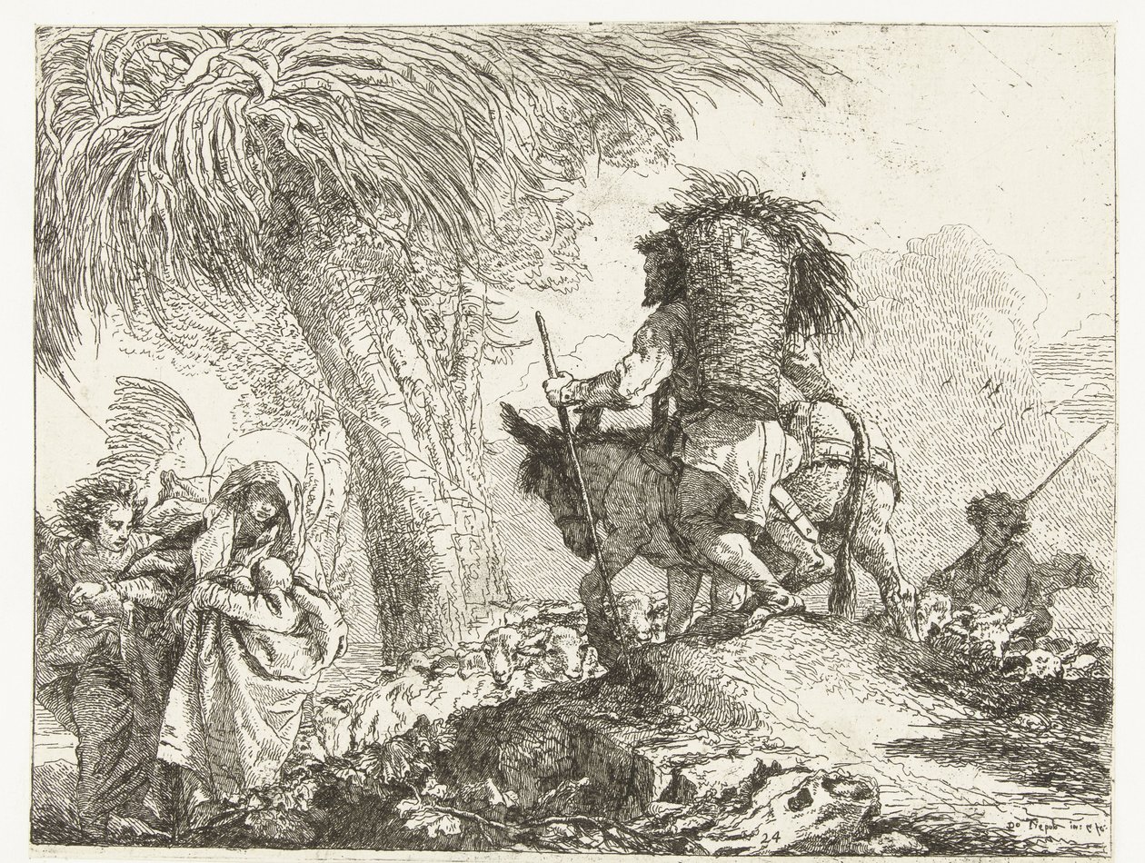 Maria met Kind ondersteund door engel en Jozef leidt ezel langs herder met schapen door Giovanni Domenico Tiepolo