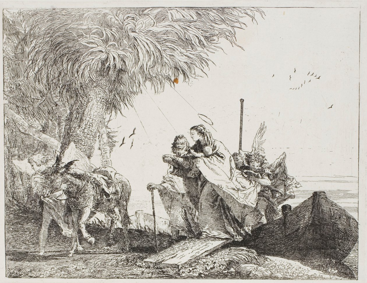 Maria, geholpen door Jozef en een engel, stapt uit de boot, plaat achttien uit De vlucht naar Egypte door Giovanni Domenico Tiepolo