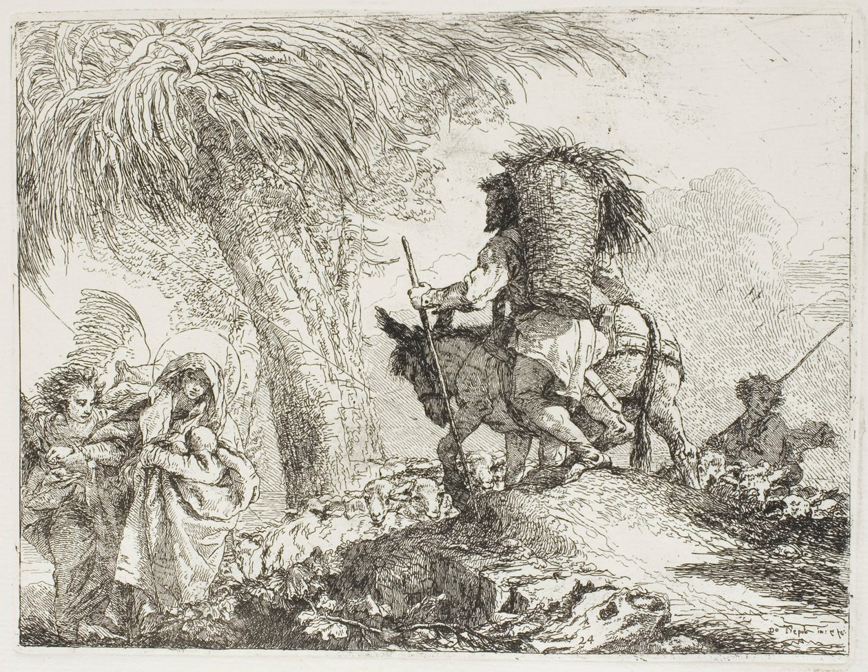 Maria, Geholpen door een Engel, en Jozef die de Mand Draagt, Voorbij een Kudde, plaat 24 uit De Vlucht naar Egypte door Giovanni Domenico Tiepolo