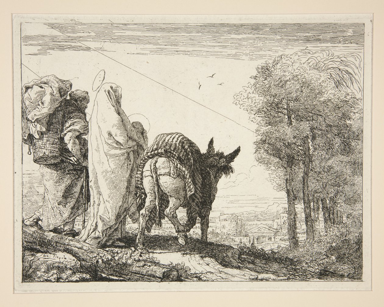 Maria met haar kind in haar armen, uit de serie „Idee pittoresche sopra la fuga in Egitto” (Vlucht naar Egypte) door Giovanni Domenico Tiepolo