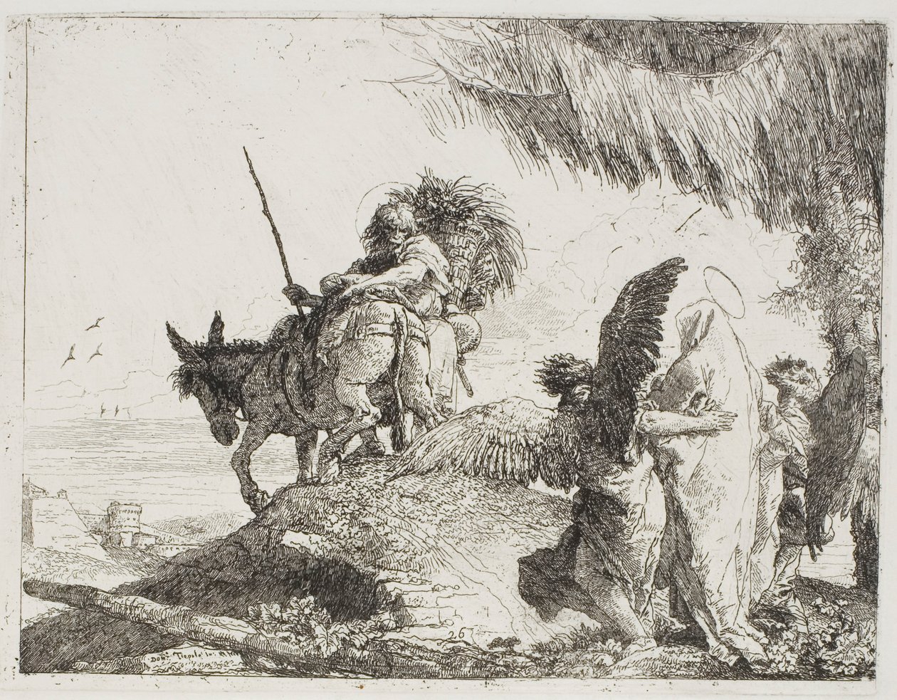 Maria, Ondersteund door Twee Engelen, Volgt Jozef, plaat 26 uit De Vlucht naar Egypte door Giovanni Domenico Tiepolo