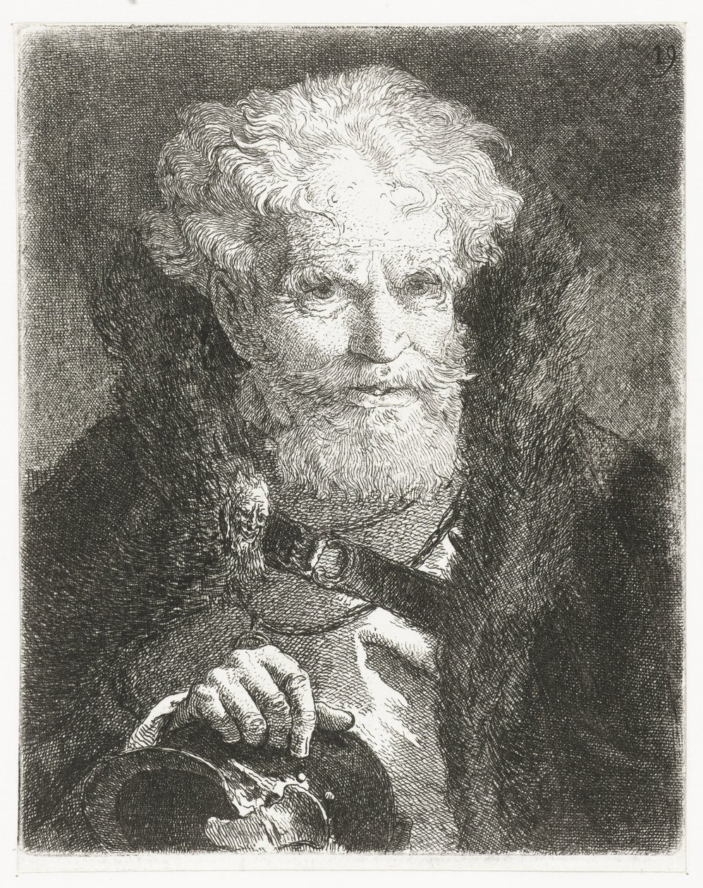Oude man in mantel met bontkraag en helm door Giovanni Domenico Tiepolo