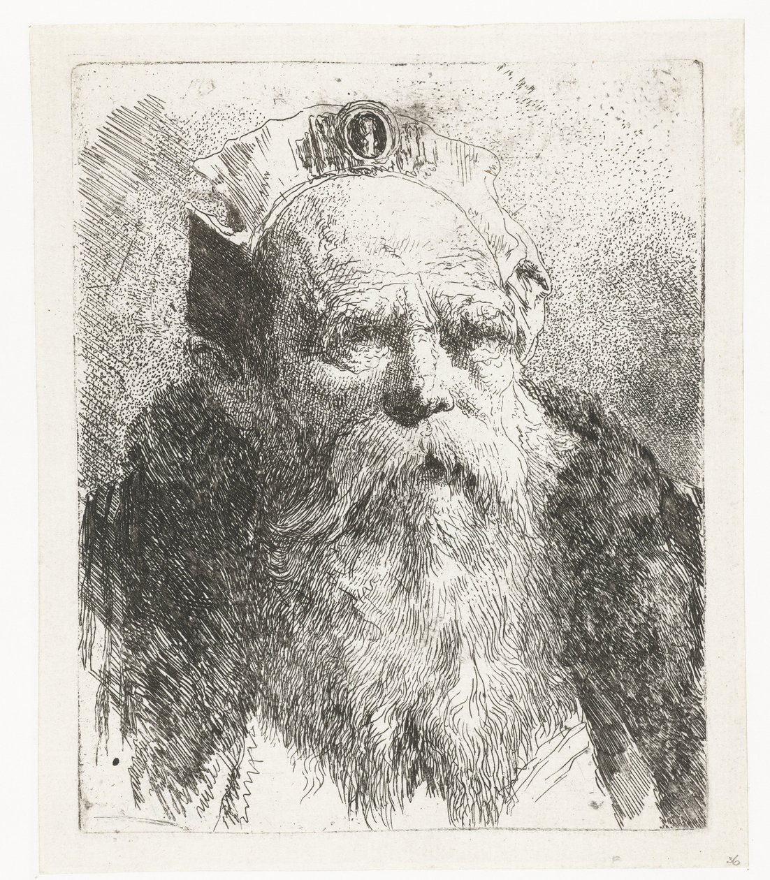 Oude man met baard en muts met sieraad door Giovanni Domenico Tiepolo