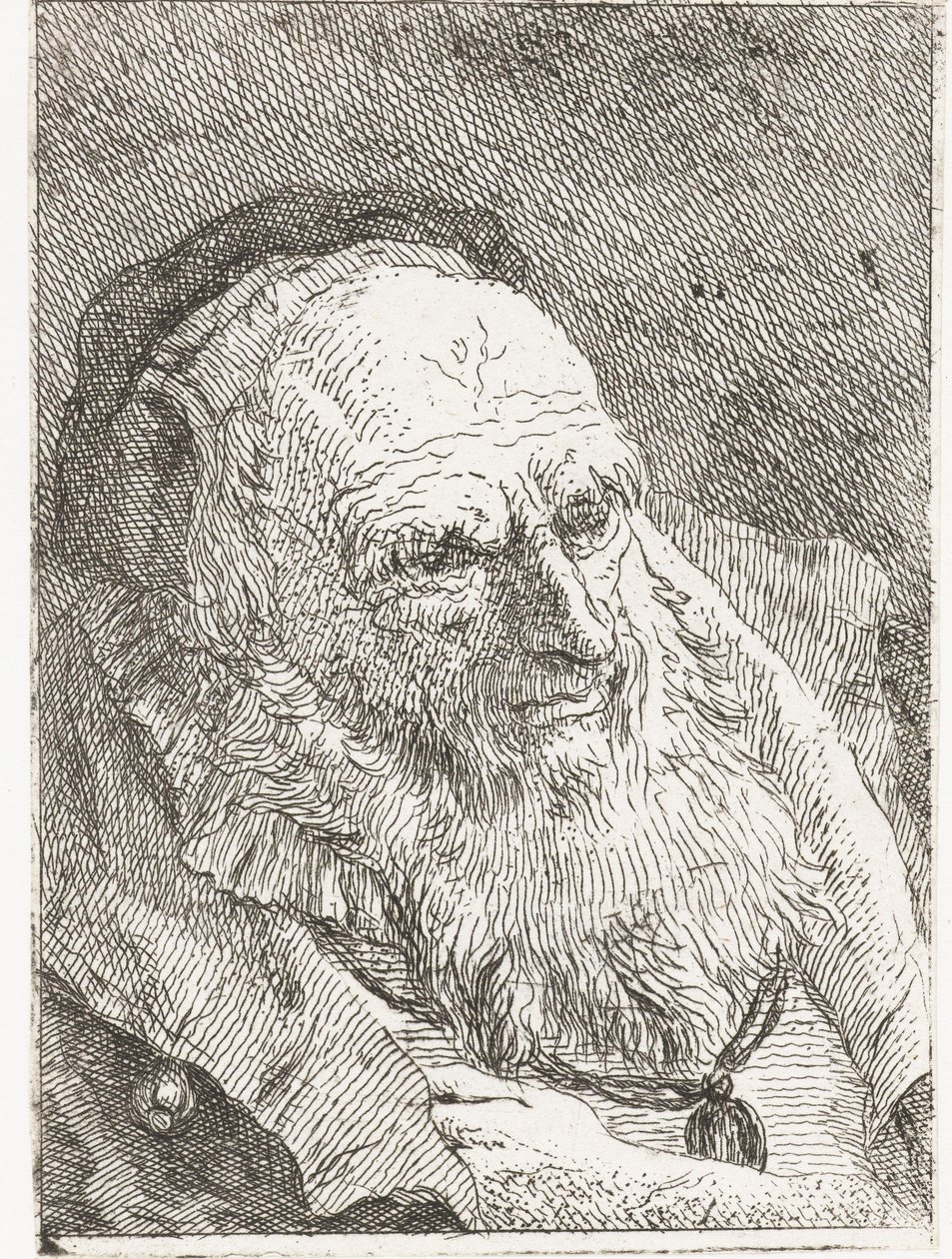 Oude man met hand onder mantel gestoken door Giovanni Domenico Tiepolo