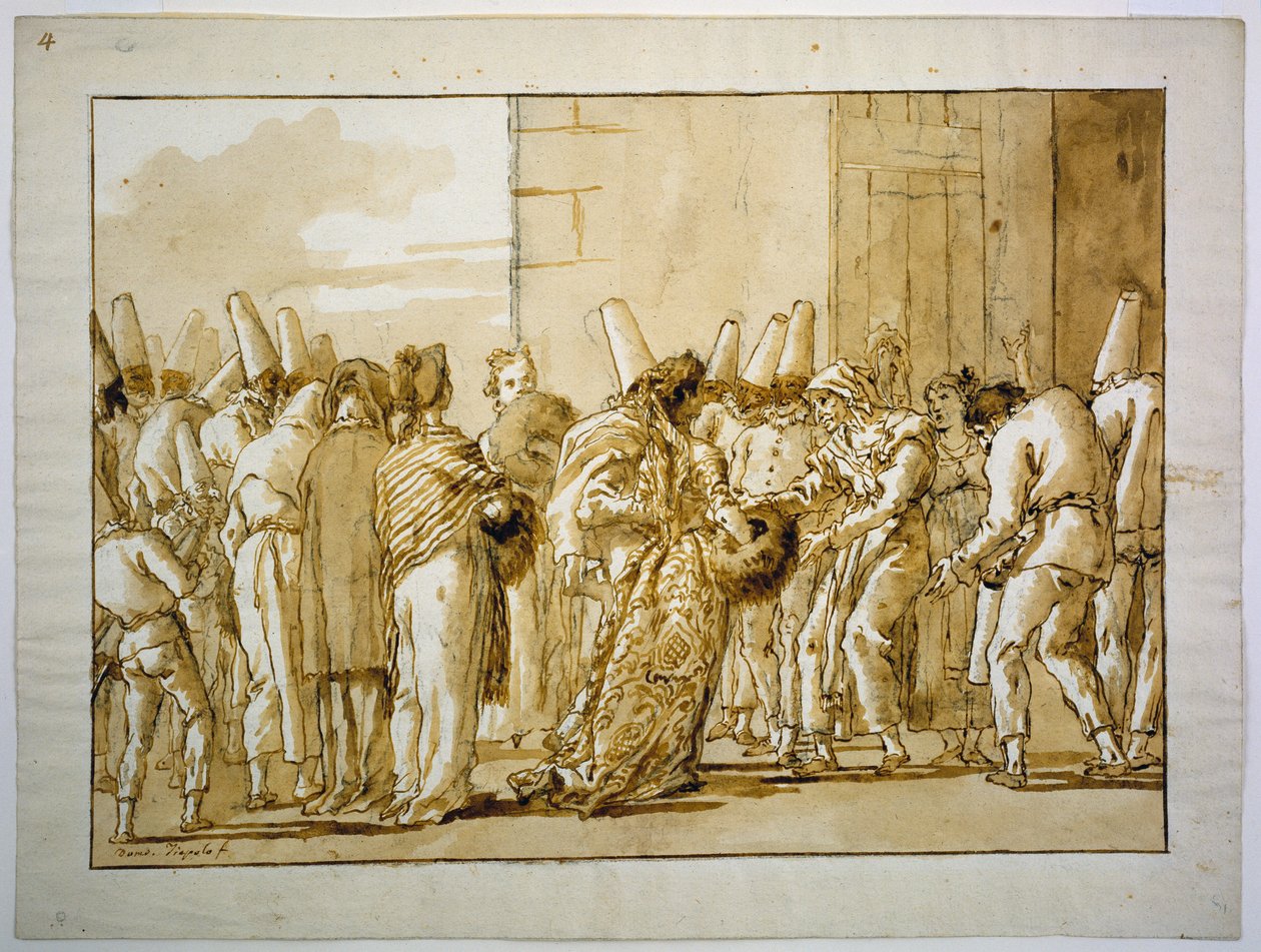 Punchinellas Vater bringt seine Braut nach Hause door Giovanni Domenico Tiepolo