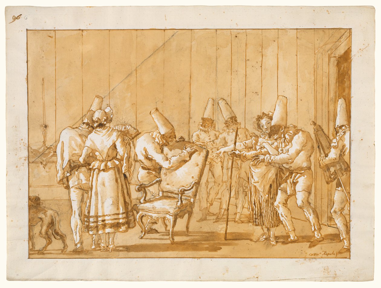 Punchinello wordt naar een stoel begeleid door Giovanni Domenico Tiepolo