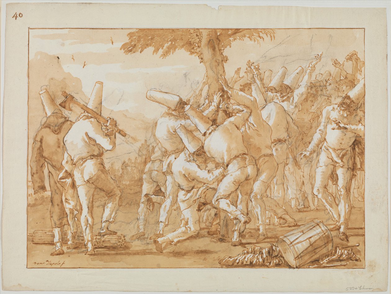 Punchinellos fällen (oder pflanzen) einen Baum door Giovanni Domenico Tiepolo