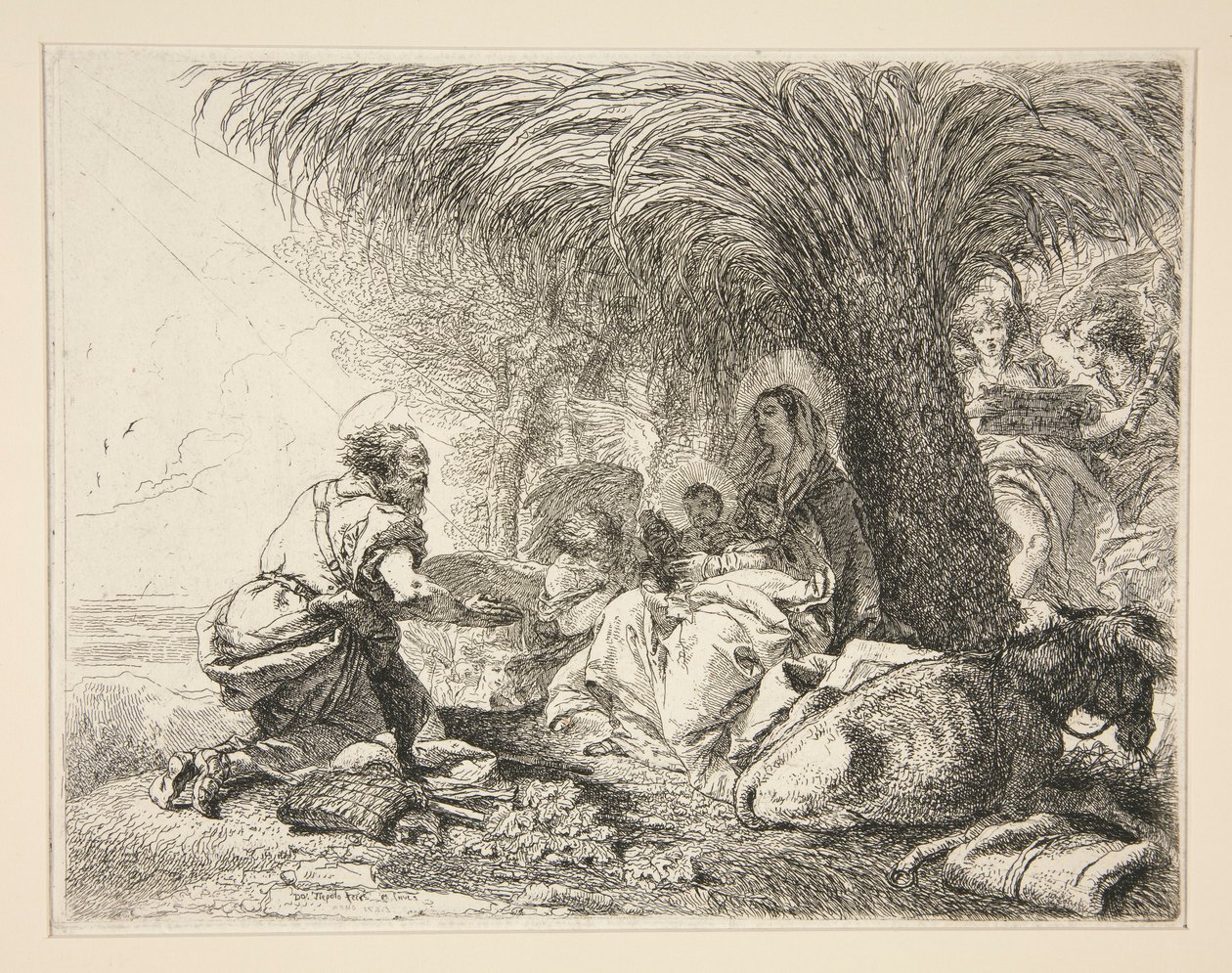 Sint Jozef aanbidt het kindje Jezus, uit de serie Idee pittoresche sopra la fuga in Egitto door Giovanni Domenico Tiepolo