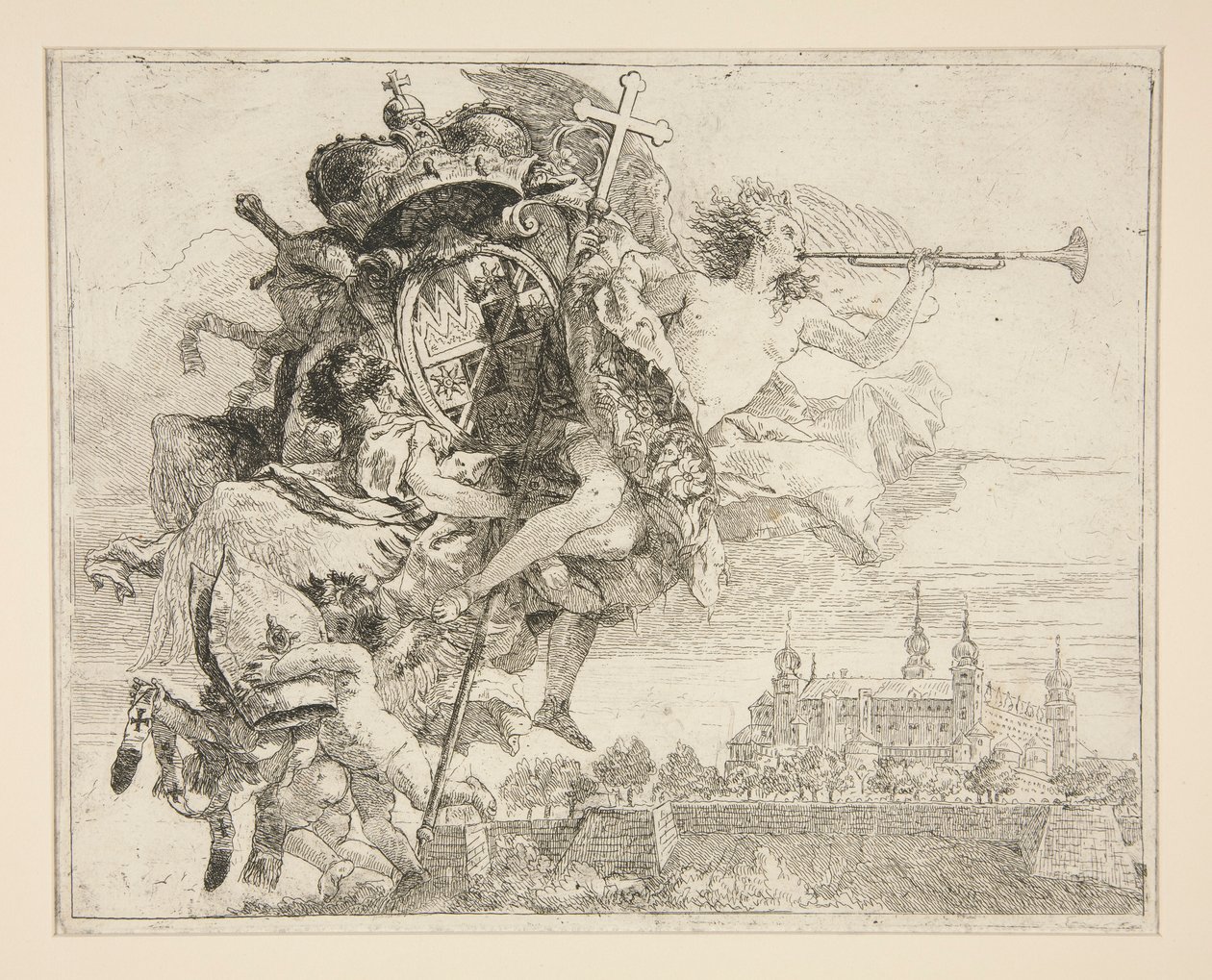 De wapens van Carl Phillipp von Greiffenklau, uit de serie Idee pittoresche sopra la fuga in Egitto (Vlucht naar Egypte) door Giovanni Domenico Tiepolo