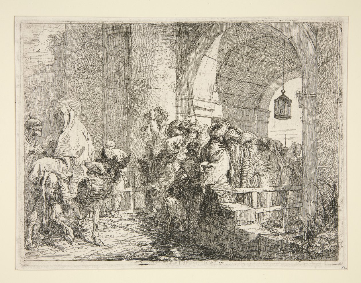 De Aankomst van de Heilige Familie bij de Poort van een Stad, uit de serie Idee pittoresche sopra la fuga in Egitto door Giovanni Domenico Tiepolo