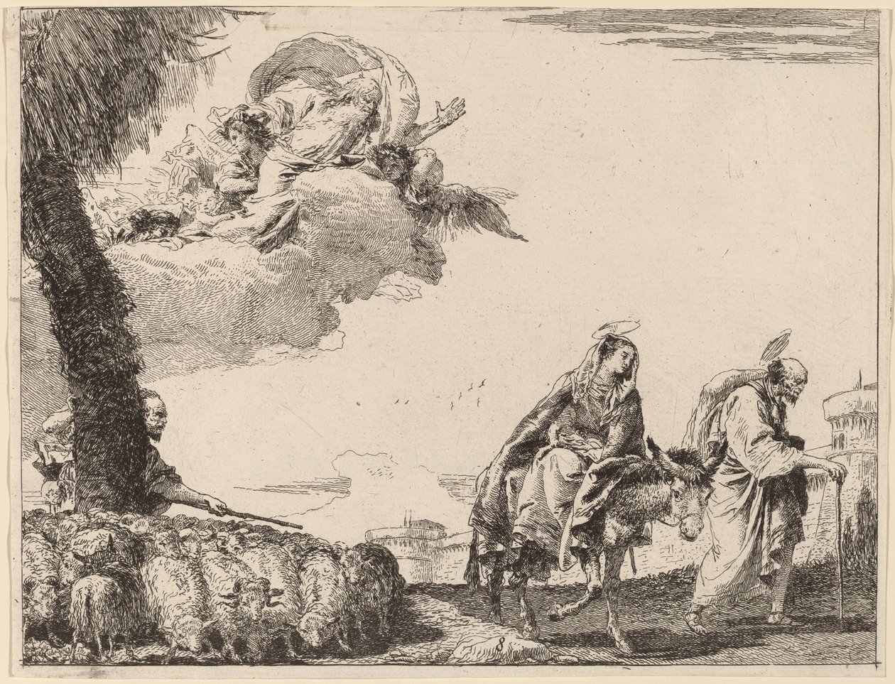 De Vlucht met de Heilige Familie aan de Rechterkant door Giovanni Domenico Tiepolo