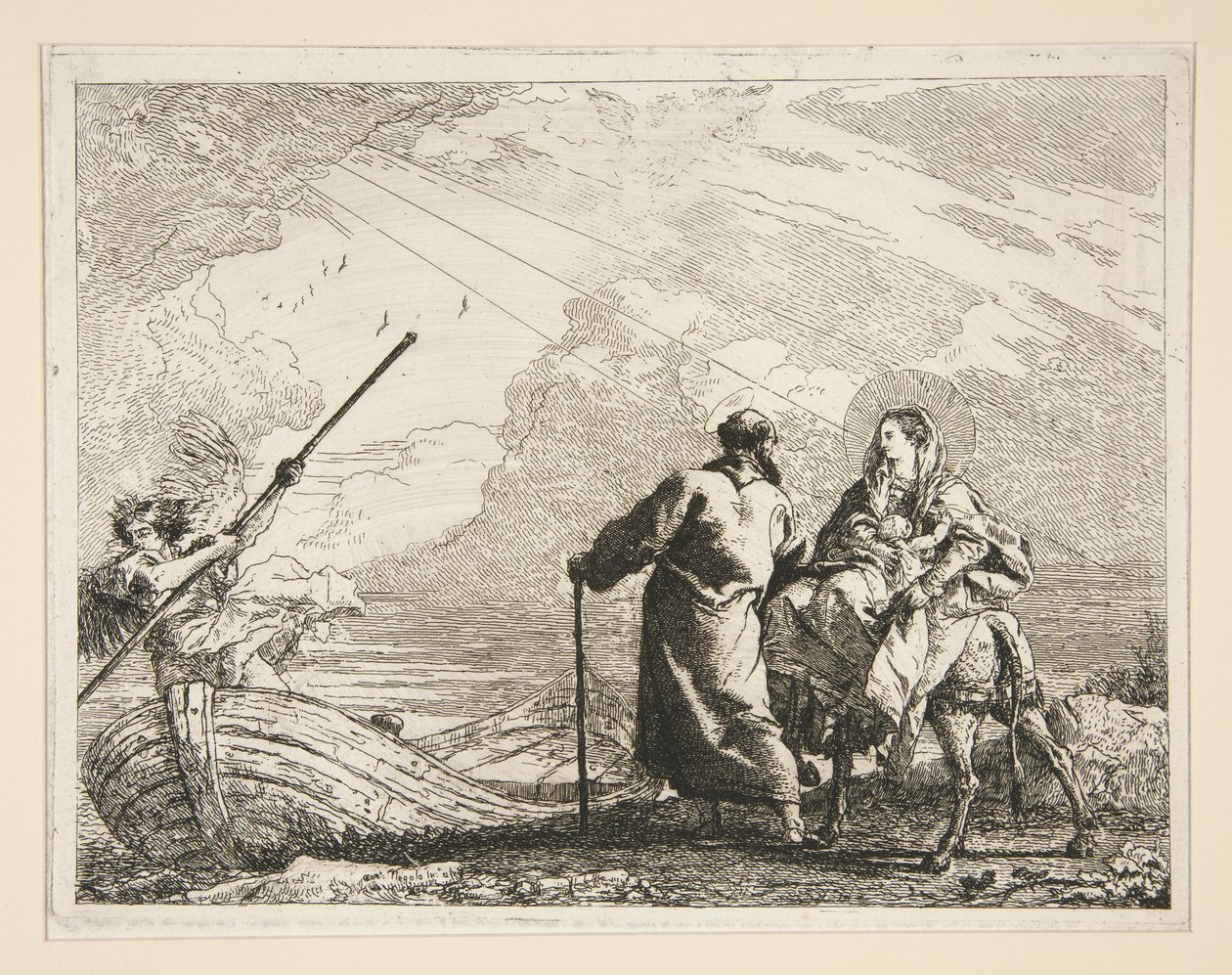 De Heilige Familie komt aan bij de oever van een rivier, uit de serie „Idee pittoresche sopra la fuga in Egitto” (Vlucht naar Egypte) door Giovanni Domenico Tiepolo
