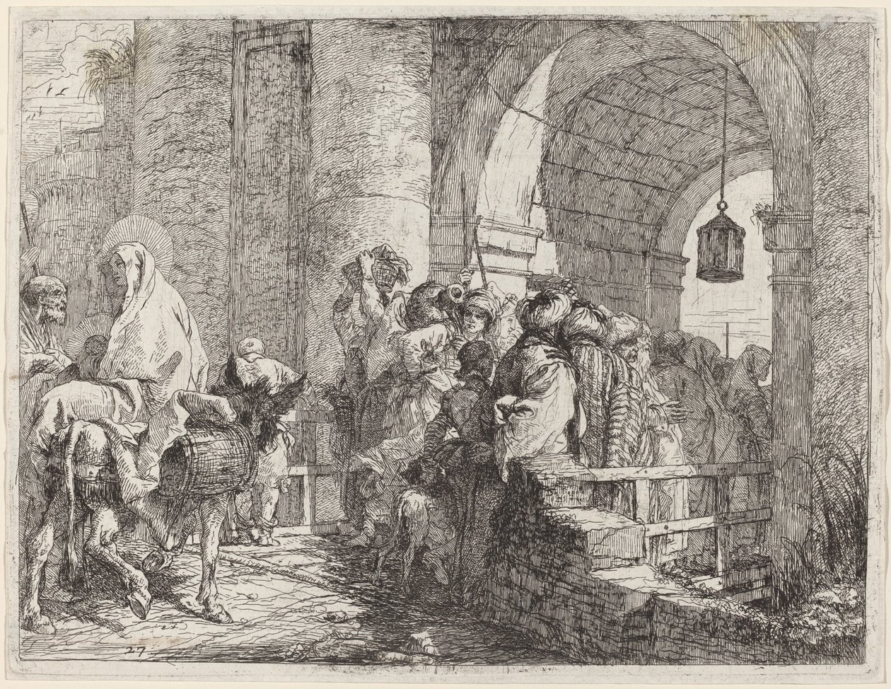 De Heilige Familie arriveert bij een stadspoort door Giovanni Domenico Tiepolo