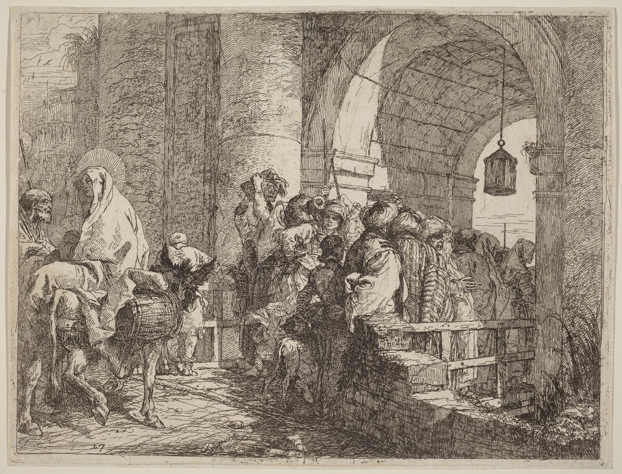 De Heilige Familie komt aan bij een stadspoort door Giovanni Domenico Tiepolo