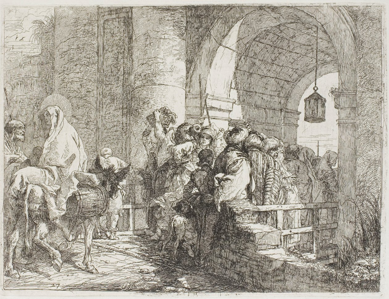De Heilige Familie arriveert bij een stadspoort, plaat 27 uit De vlucht naar Egypte door Giovanni Domenico Tiepolo